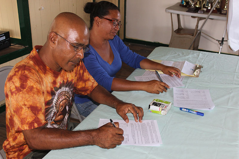 Toshao Joel Fredericks of Mainstay Whayaka, Region 2,  signing  the Micro-grant Agreement  on Feb 18, 2015 for the implementation of the  village's Community Development Plan under the ADF-GRIF Project.